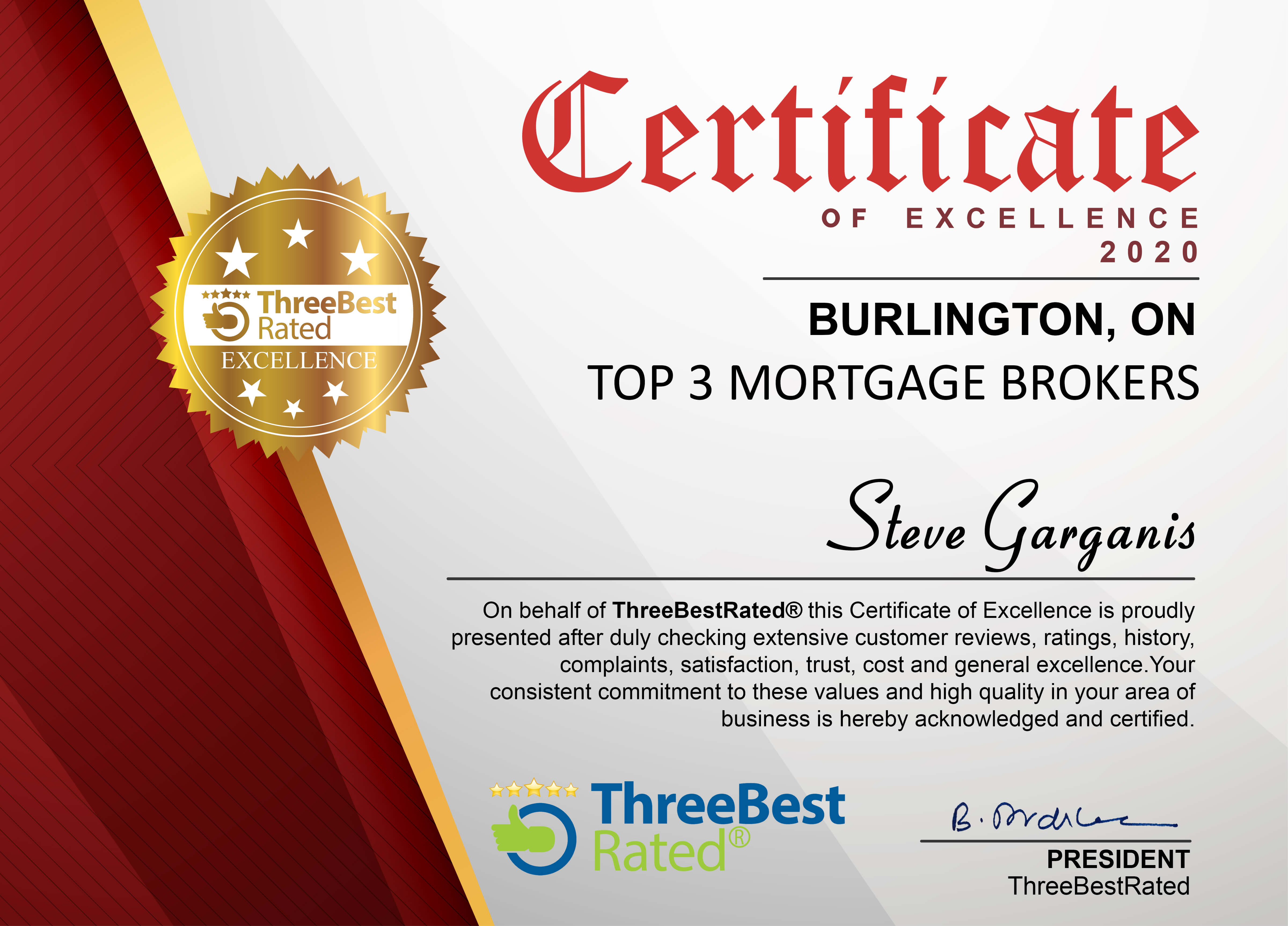 Three Best Rated Award - Steve Garganis Mortgage Broker